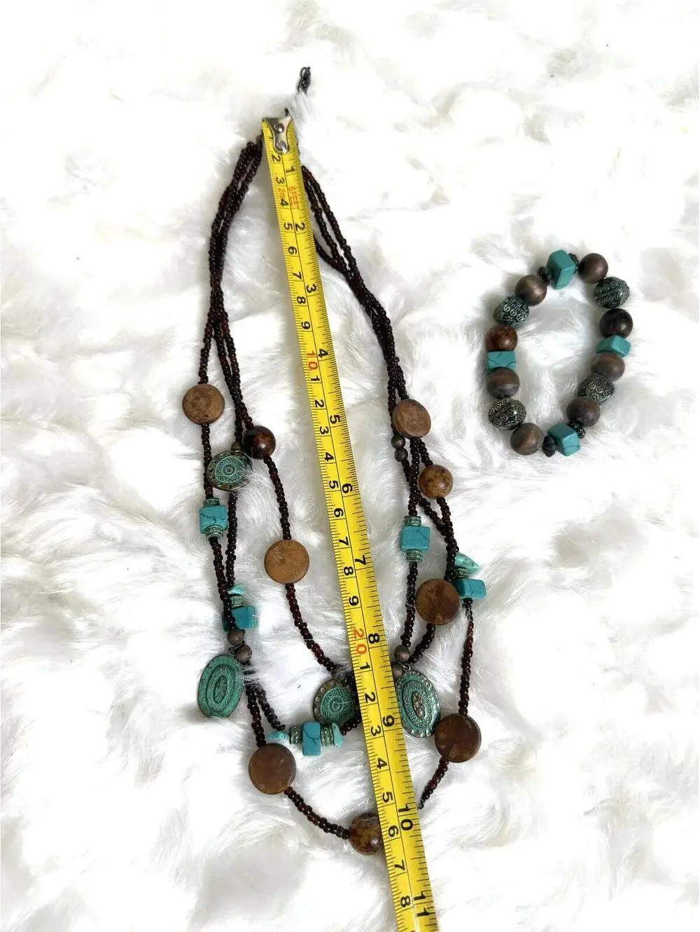 Bohemian Style Turquoise and Brown Beaded Necklace with Matching Bracelet Set